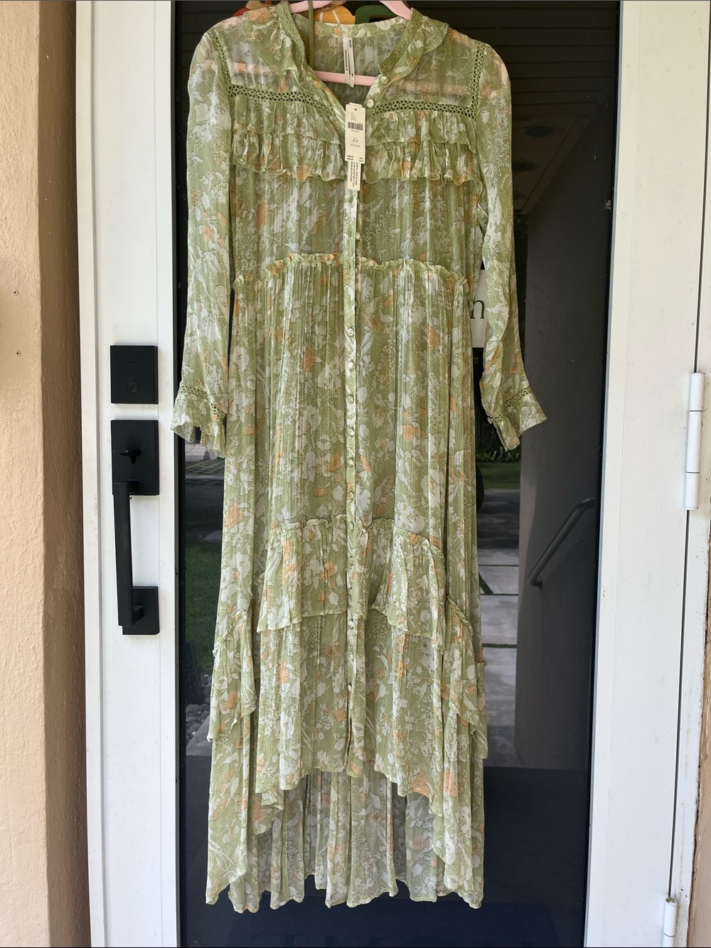 NWT. Anthropologie Light Green Floral Ruffle-Trim Midi Dress